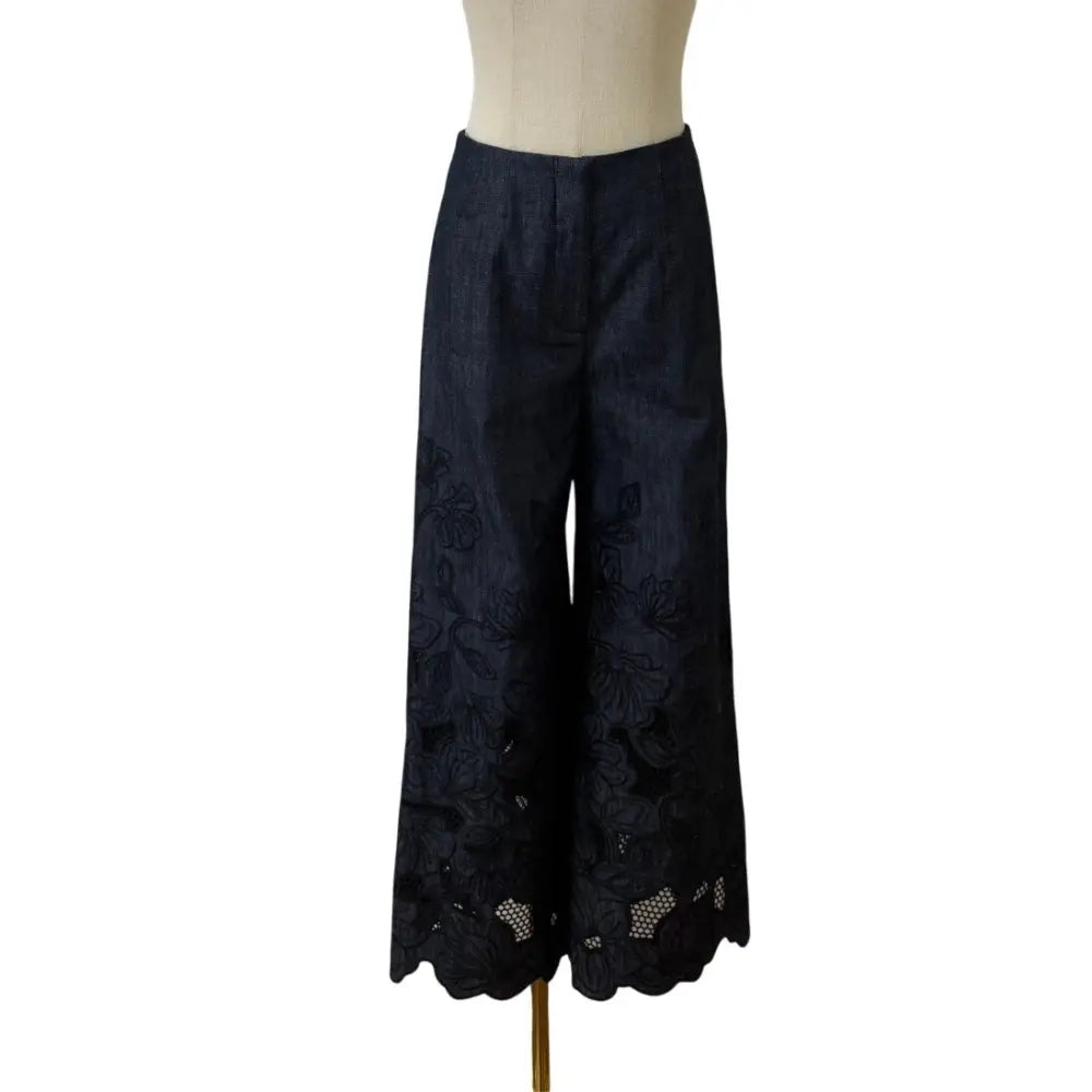Veronica Beard Osborne Wide-Leg Eyelet Pant Navy Chambray Scalloped-Hem Pant - Bottoms
