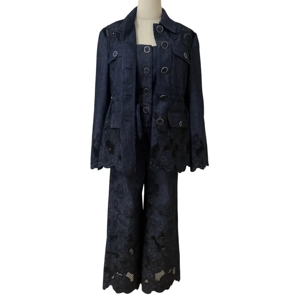 Veronica Beard Osborne Wide-Leg Eyelet Pant Navy Chambray Scalloped-Hem Pant - Bottoms