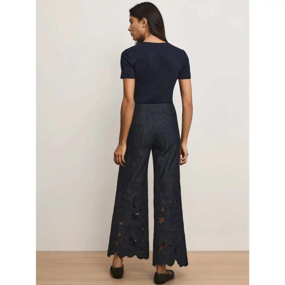 Veronica Beard Osborne Wide-Leg Eyelet Pant Navy Chambray Scalloped-Hem Pant - Bottoms