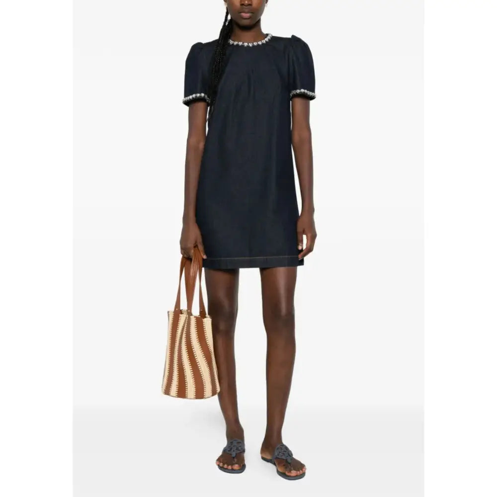Zimmermann Jewel-Embellished Short Sleeve Denim Mini Dress - Dress